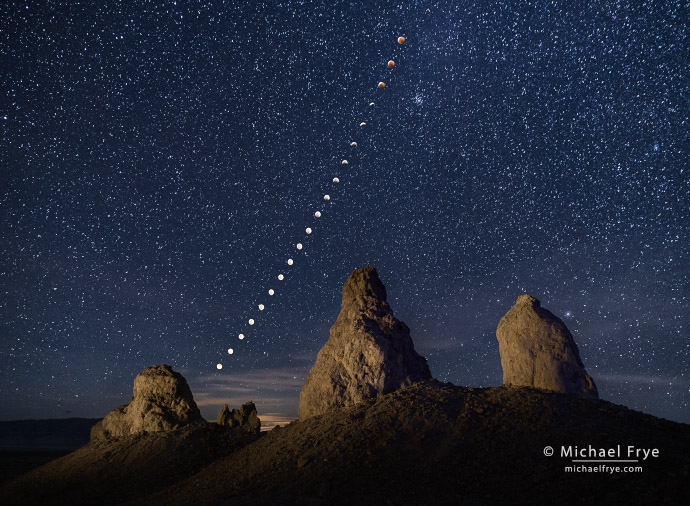Lunar eclipse sequence, Trona Pinnacles, CA, USA, 1-20-19