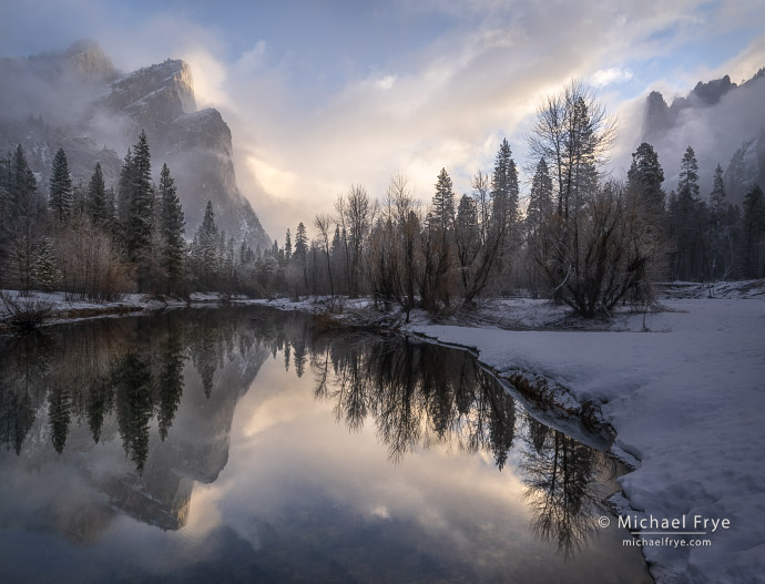 Three Brothers, Sentinel Rock, and the Merced River at sunrise, Yosemite NP, CA, USA