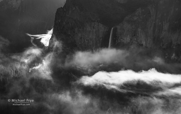Mist surrounding Bridalveil Fall, Yosemite NP, CA, USA