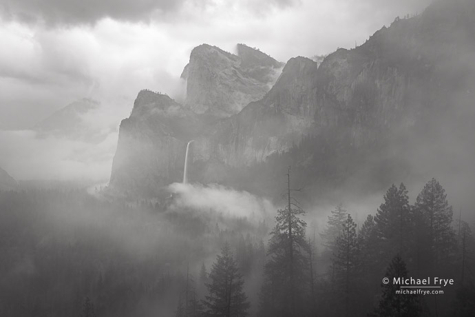 Cathedral Rocks and Bridalveil Fall through rain and mist, Yosemite NP, CA, USA